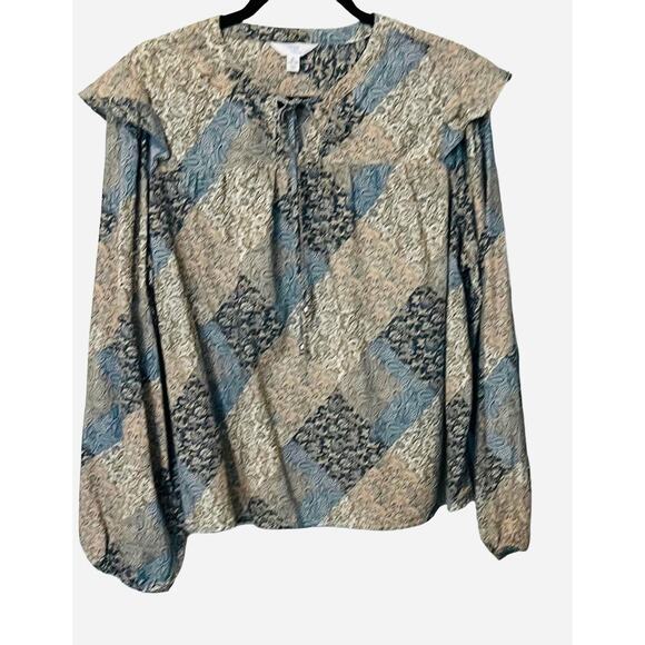 TIME & TRU LONG SLEEVE PEASANT BLOUSE, WOMENS, XL(16-18), BLUE TAN WHITE PAISLEY - Picture 1 of 10